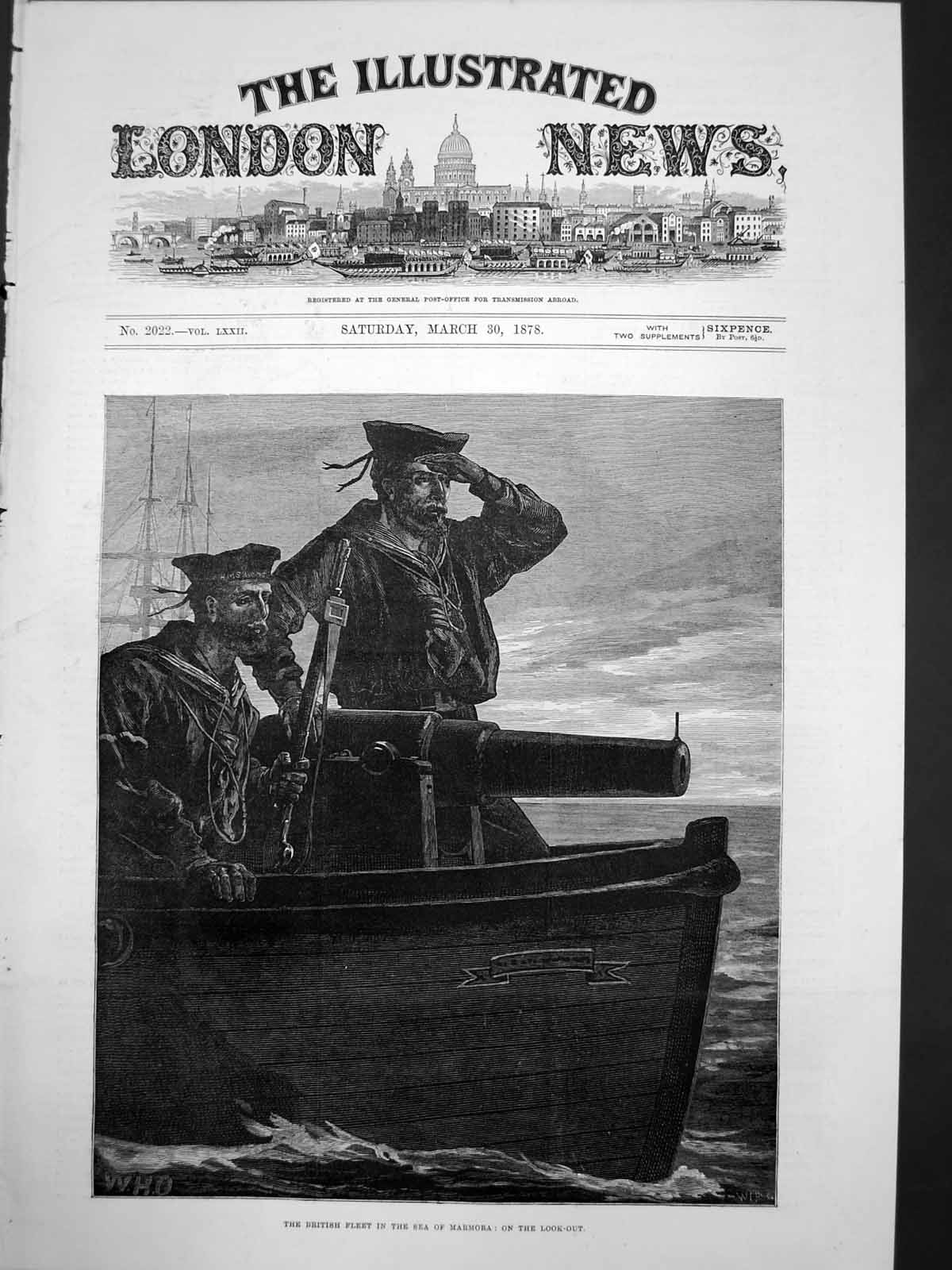 Original Old Antique Print British Fleet Sea Marmora On Look Out Sailors 1878