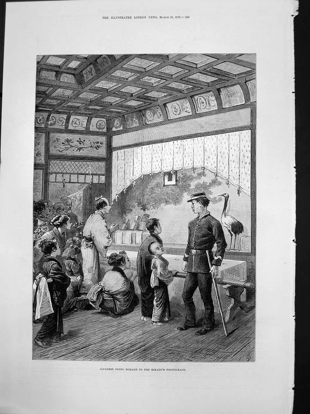 Original Old Antique Print Japanese Doing Homage Mikados Photograph 1878 19th