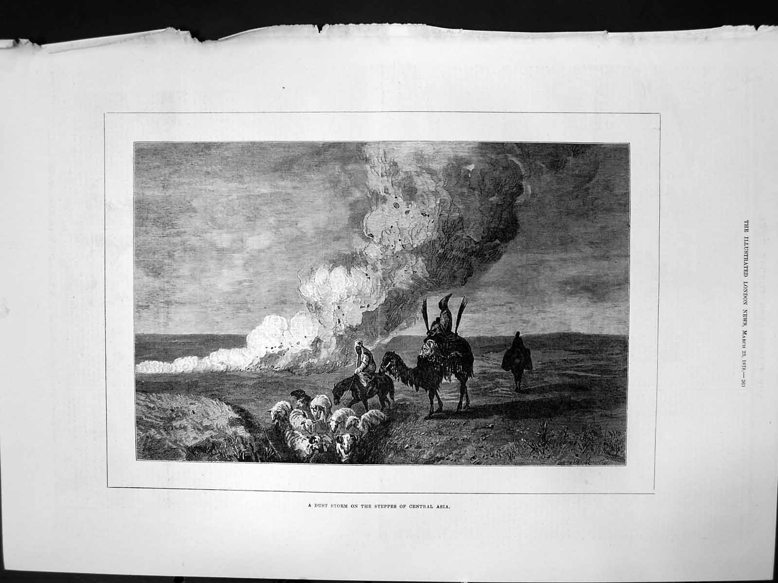 Antique Old Print Dust Storm Steppes Central Asia Camels Herding Sheep 1878