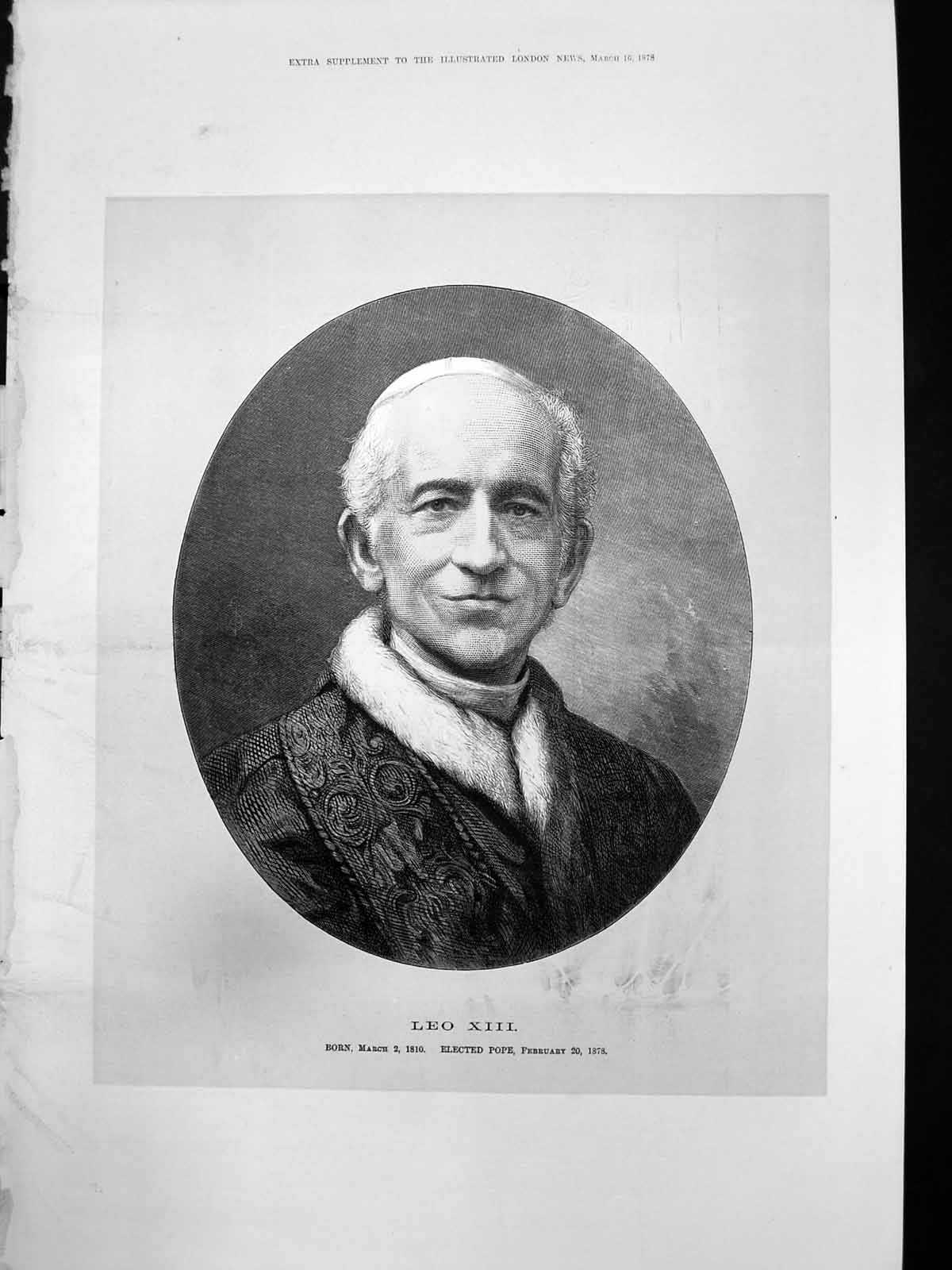 Antique Print Pope Leo X111 Born March1810 Elected Pope February 20 1878