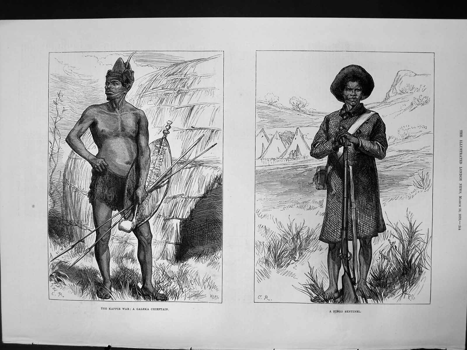 Original Old Antique Print Kaffir War Galeka Chieftain Fingo Sentinel 1878 19th
