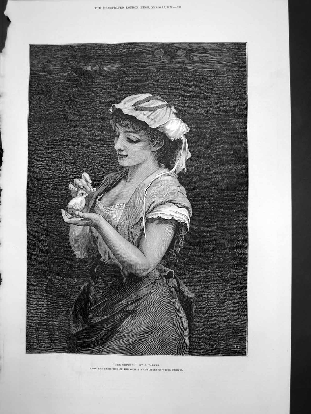 Old Print Orphan J Parker Soc Painters Water Colours Woman Baby Bird 1878 19th