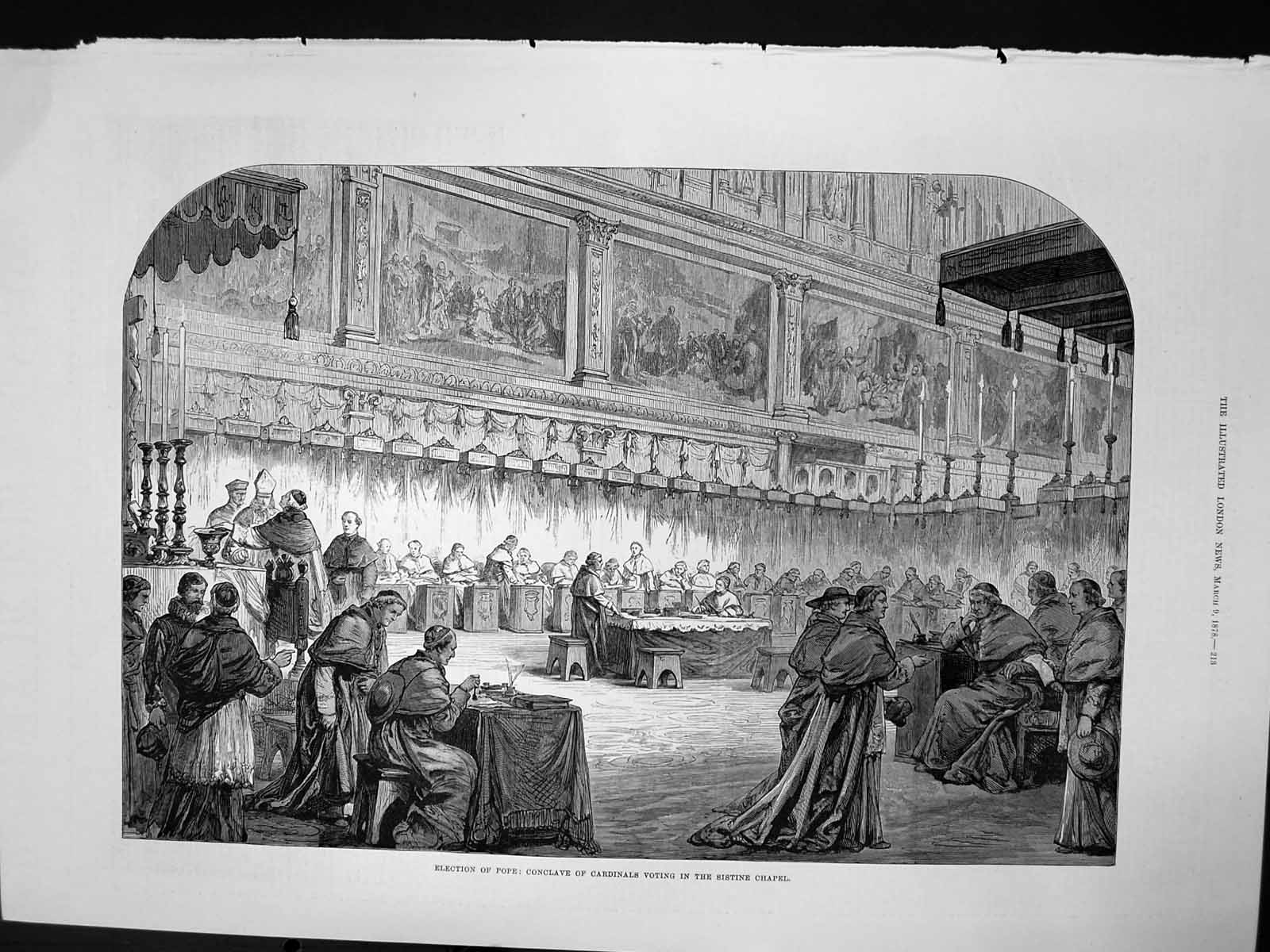 Antique Old Print Election Pope Conclave Cardinals Voting Sistine Chapel 1878