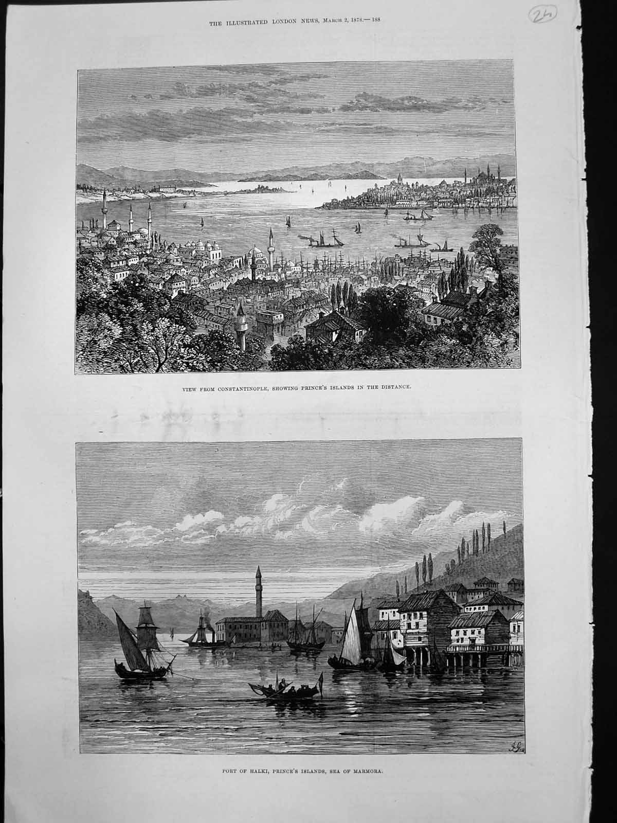 Old Print View Constantinople Princes Islands Port Halki Sea Marmora 1878 19th