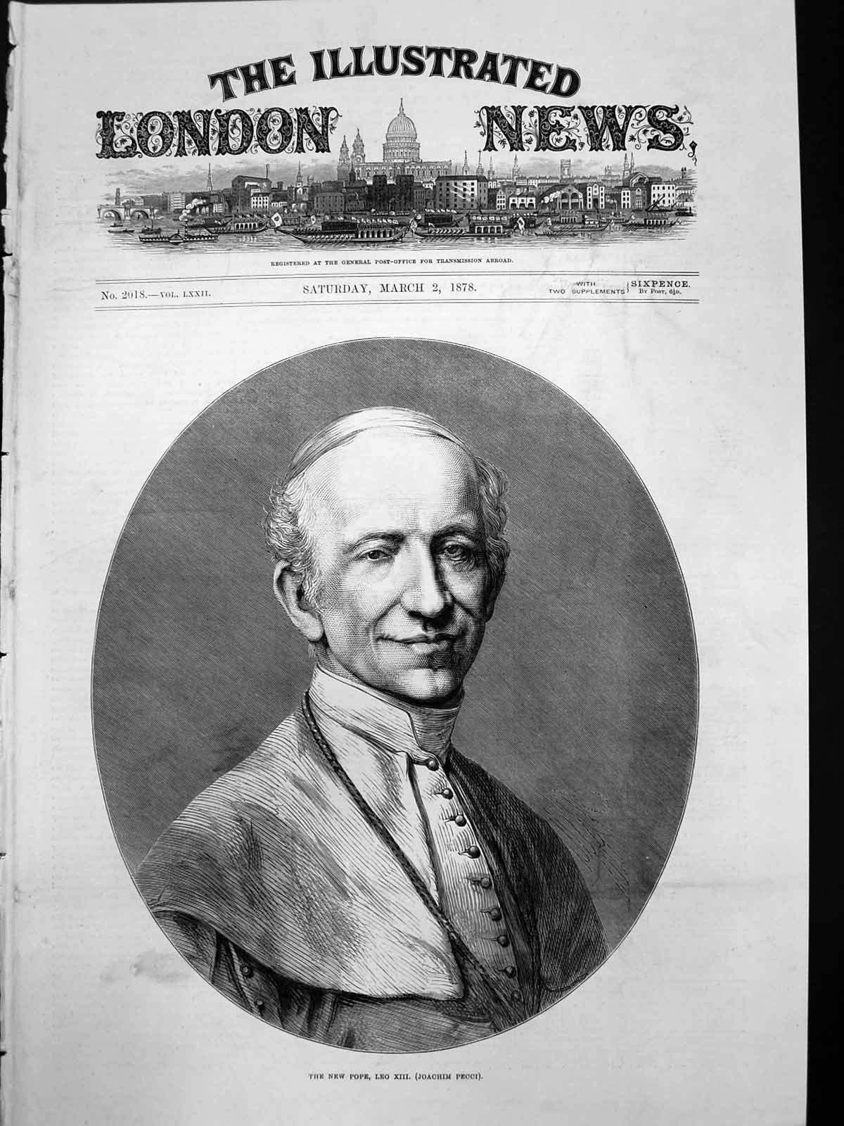Original Old Antique Print Portrait New Pope Leo X111 Joachin Pecci 1878