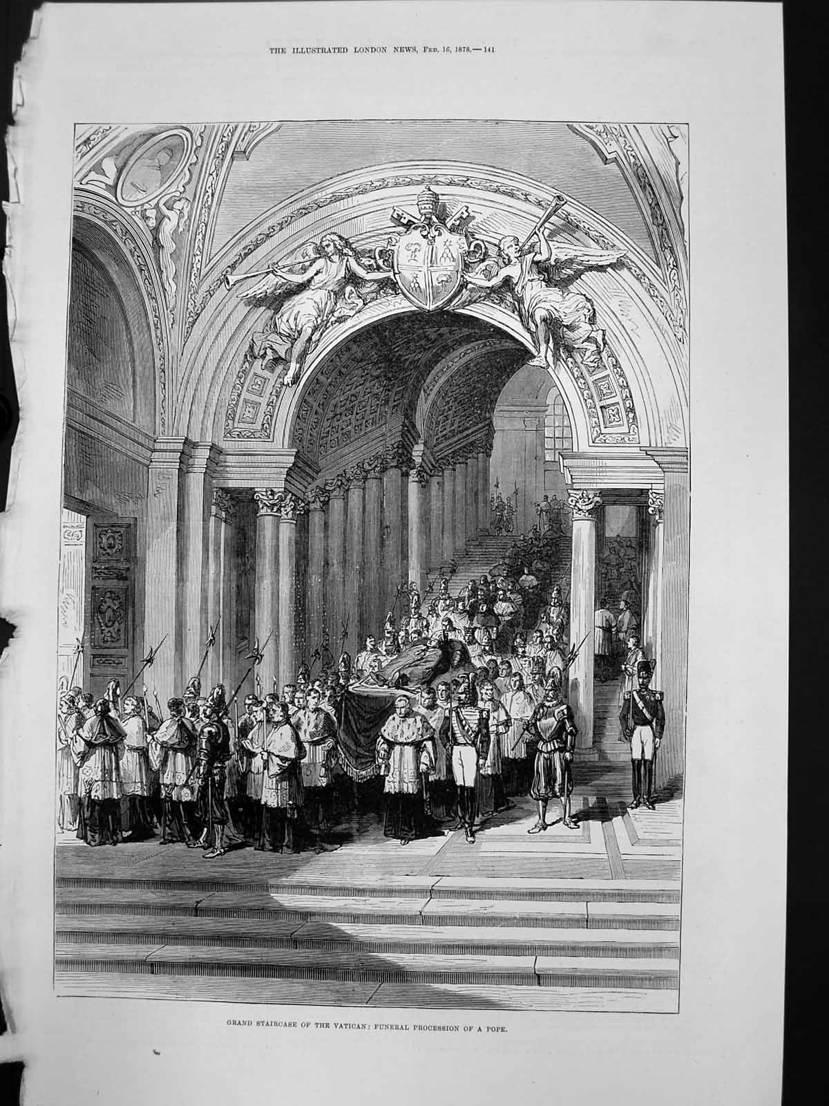 Original Old Antique Print Grand Staircase Vatican Funeral Procession Pope 1878