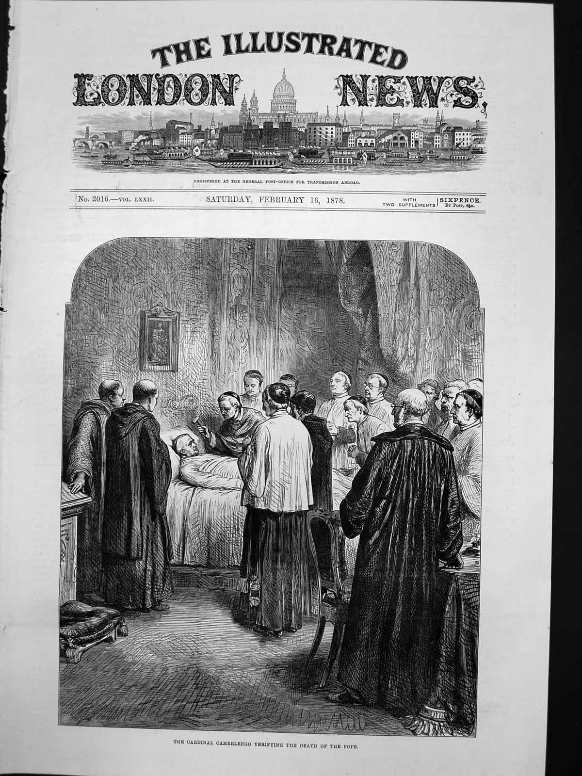 Original Old Antique Print Cardinal Camerlengo Verifying Death Pope 1878 19th