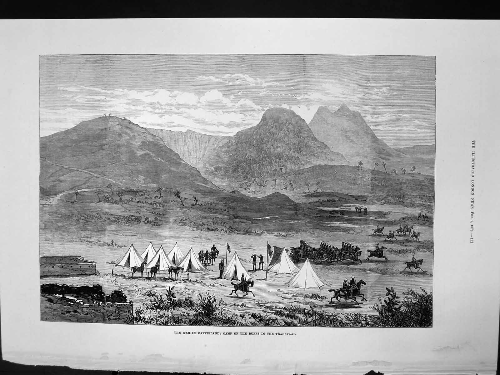 Original Old Antique Print War Kaffirland Camp Buffs Transvaal Tents Siers 1878