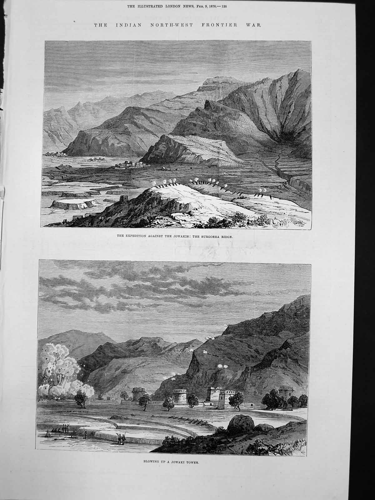 Old Print Indian War Against Jowakis Surgosha Ridge Blowing Up Tower 1878 19th