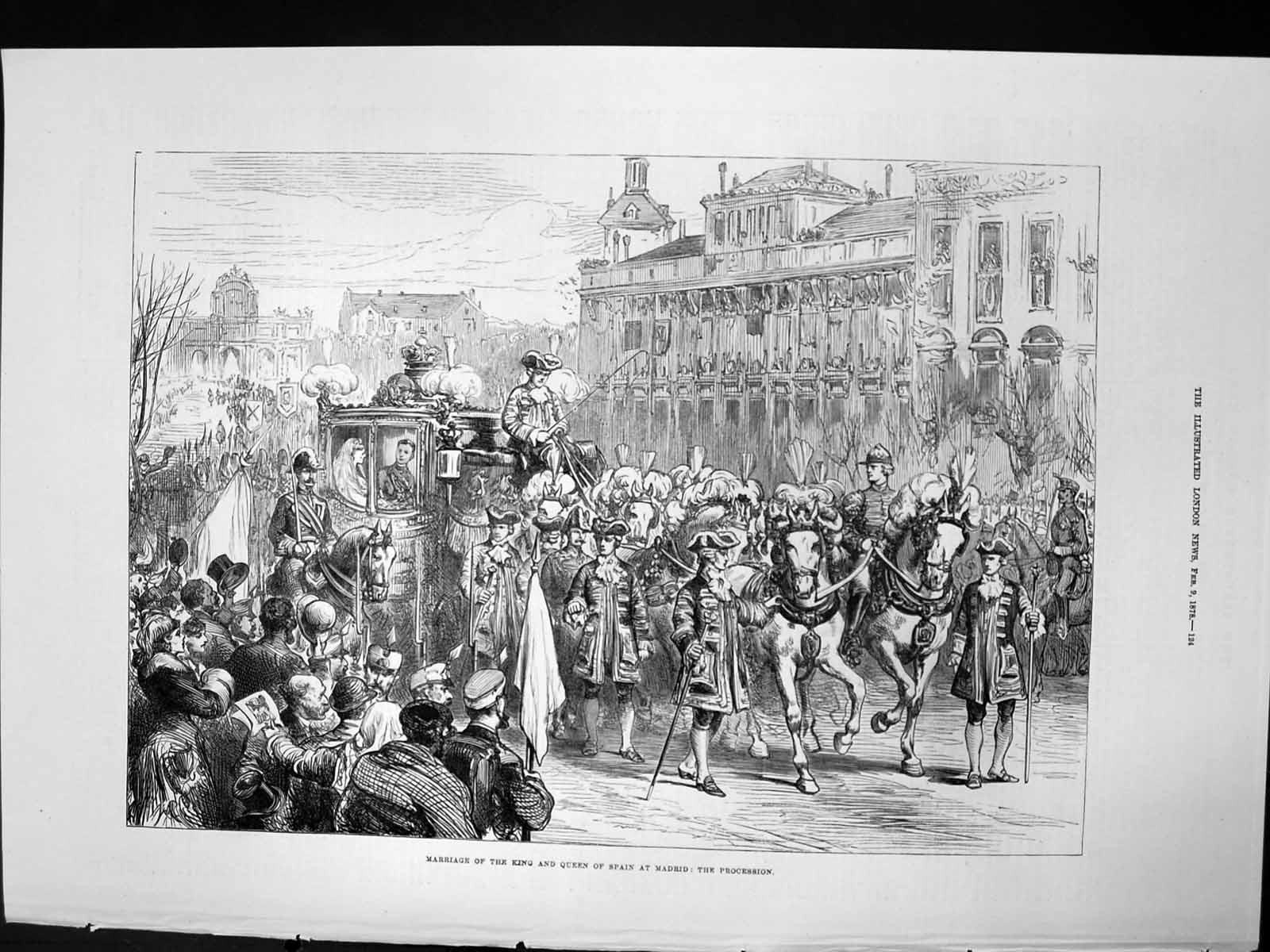 Original Old Antique Print Marriage King Queen Spain Madrid Procession 1878