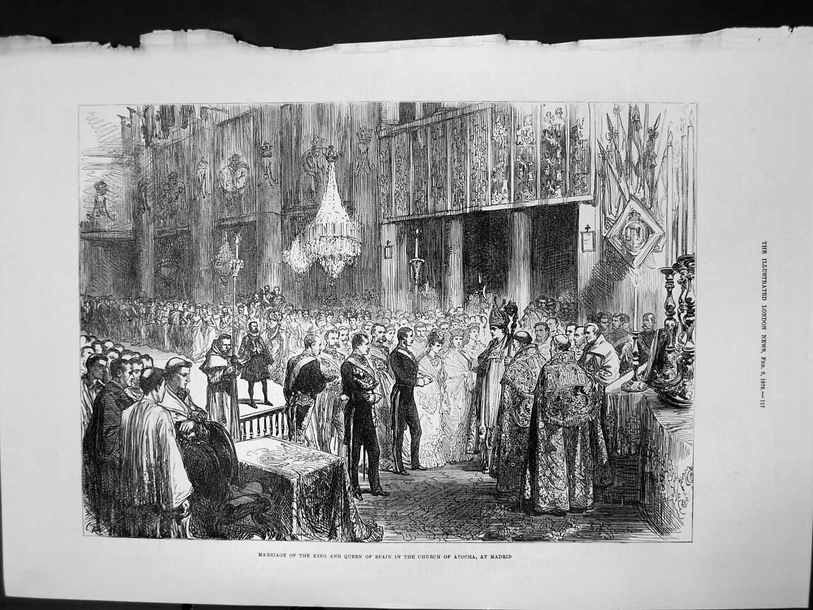 Original Old Antique Print Marriage King Queen Spain Church Atocha Madrid 1878