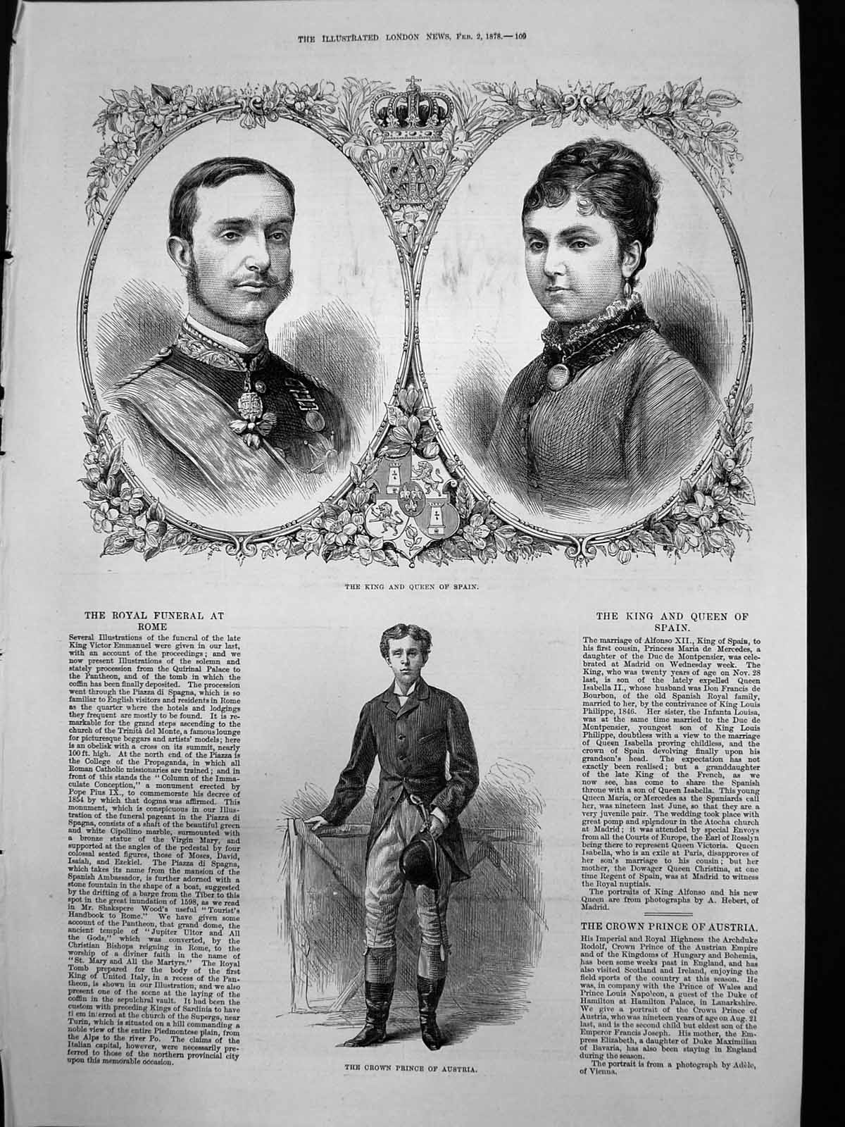 Original Old Antique Print King Queen Spain Crown Prince Austria 1878 Victorian