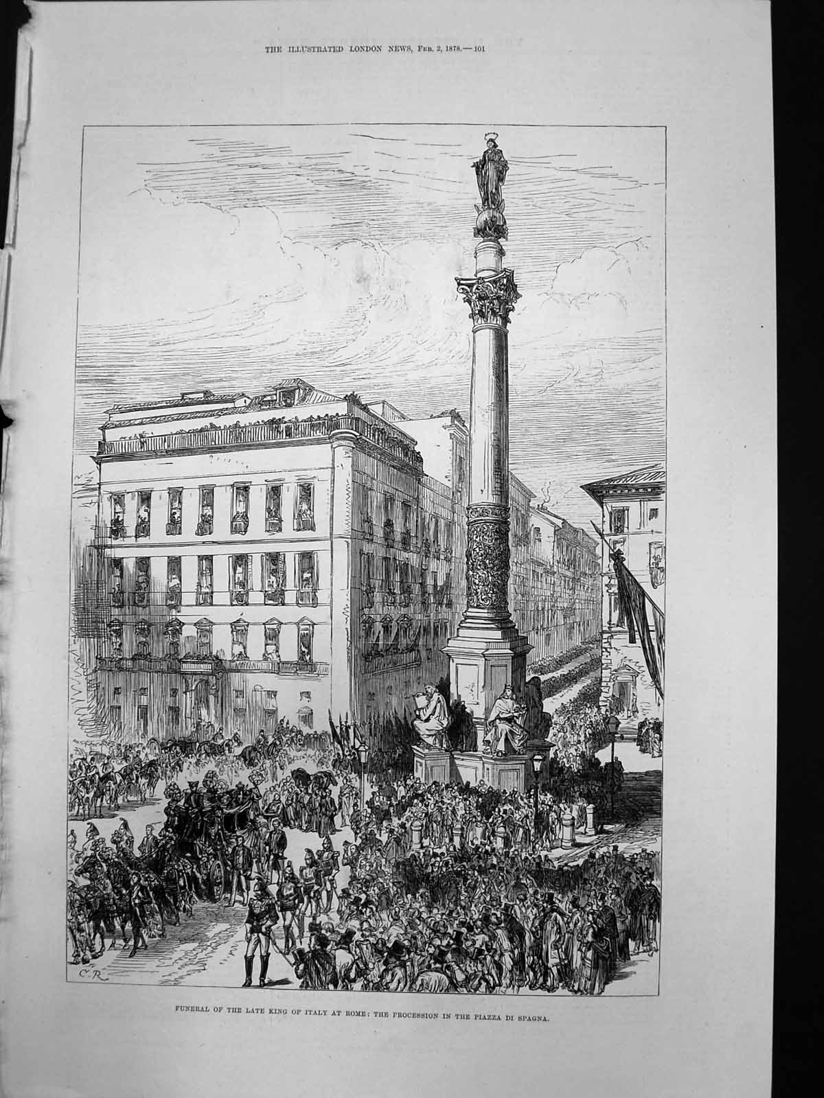 Antique Old Print Funeral King Italy Rome Procession Piazza Di Spagna 1878 19th