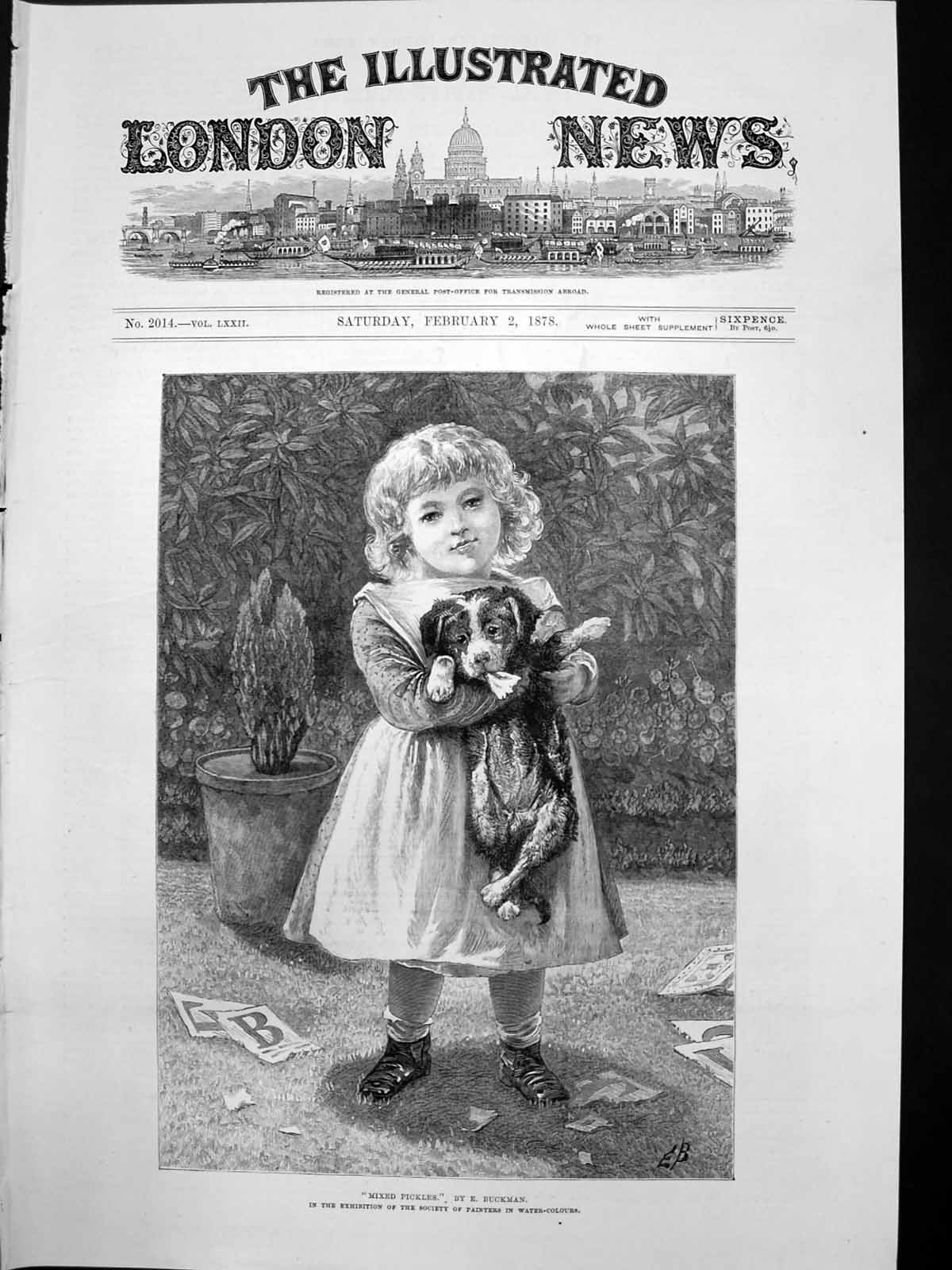 Old Print Mixed Pickles E Buckman Young Girl Hing Puppy Torn Letters 187 19th