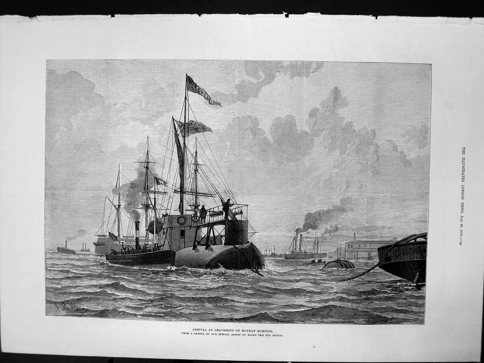Original Old Antique Print Arrival Gravesend Cleopatras Needle Tug Anglia 1878