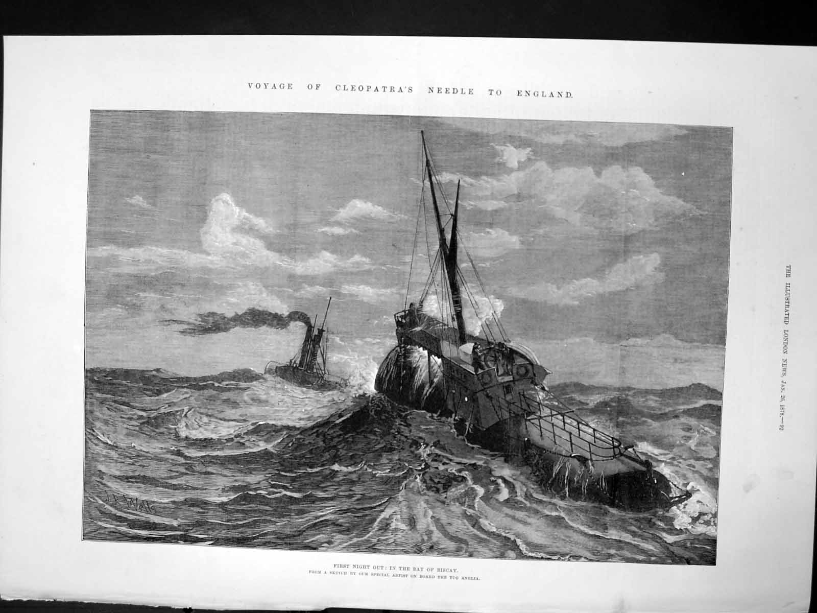 Antique Print Voyage Cleopatras Needle England First Night Bay Biscay 1878 19th