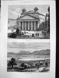 Original Old Antique Print Pantheon Rome Vourla Gulf Smyrna 1878 19th