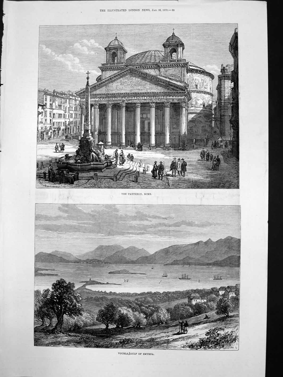 Original Old Antique Print Pantheon Rome Vourla Gulf Smyrna 1878 19th