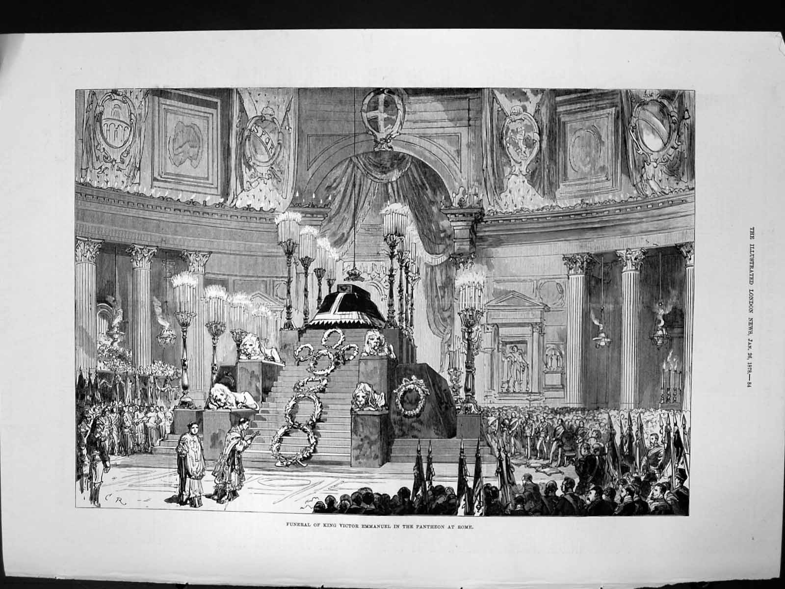 Original Old Antique Print Funeral King Victor Emmanuel Pantheon Rome 1878 19th