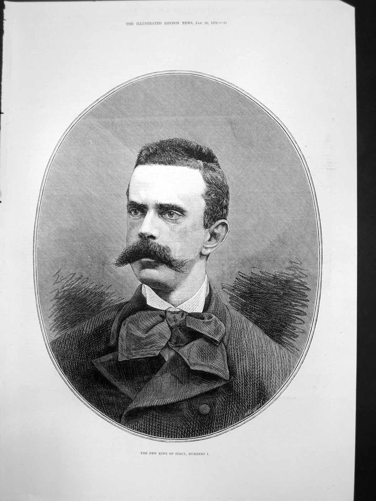 Original Old Antique Print Portrait New King Italy Humbert1878