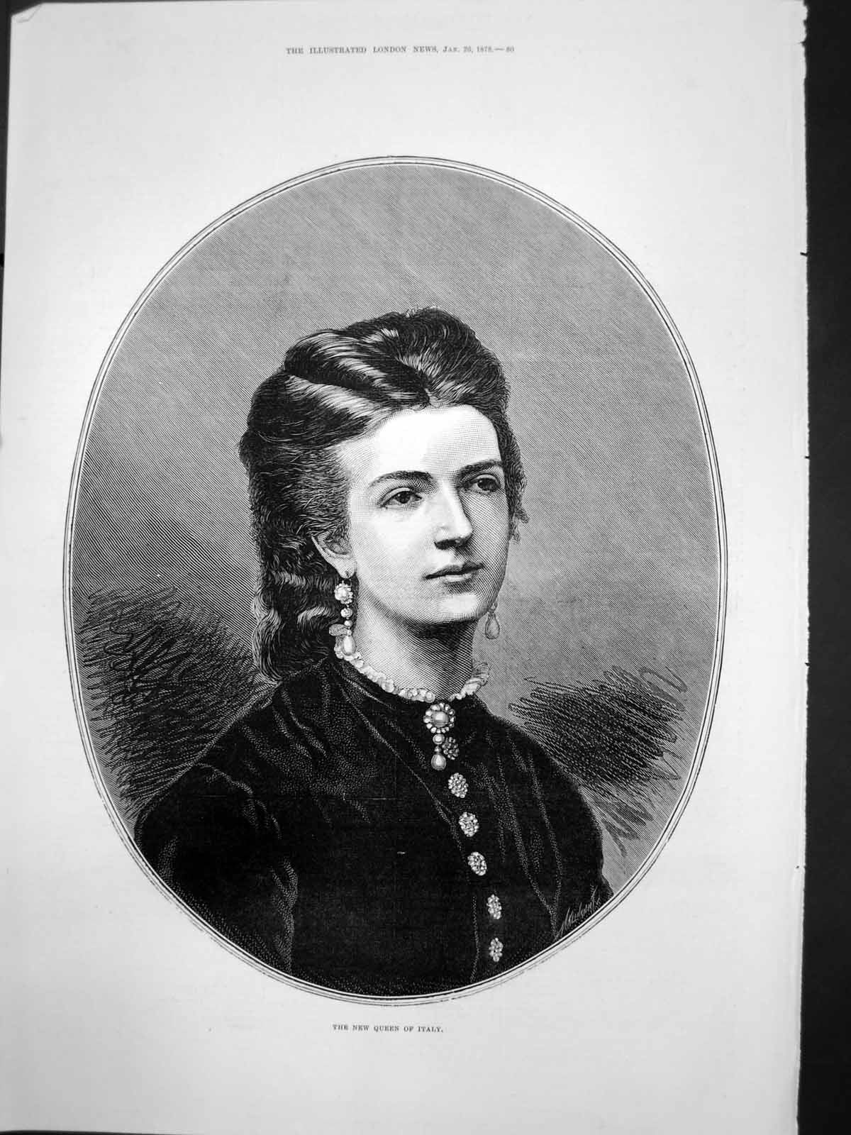 Original Old Antique Print Portrait New Queen Margaret Italy 1878 Victorian