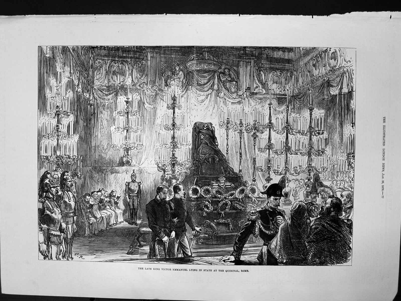 Old Antique Print Late King Victor Emmanuel Lying State Quirnal Rome 1878 19th