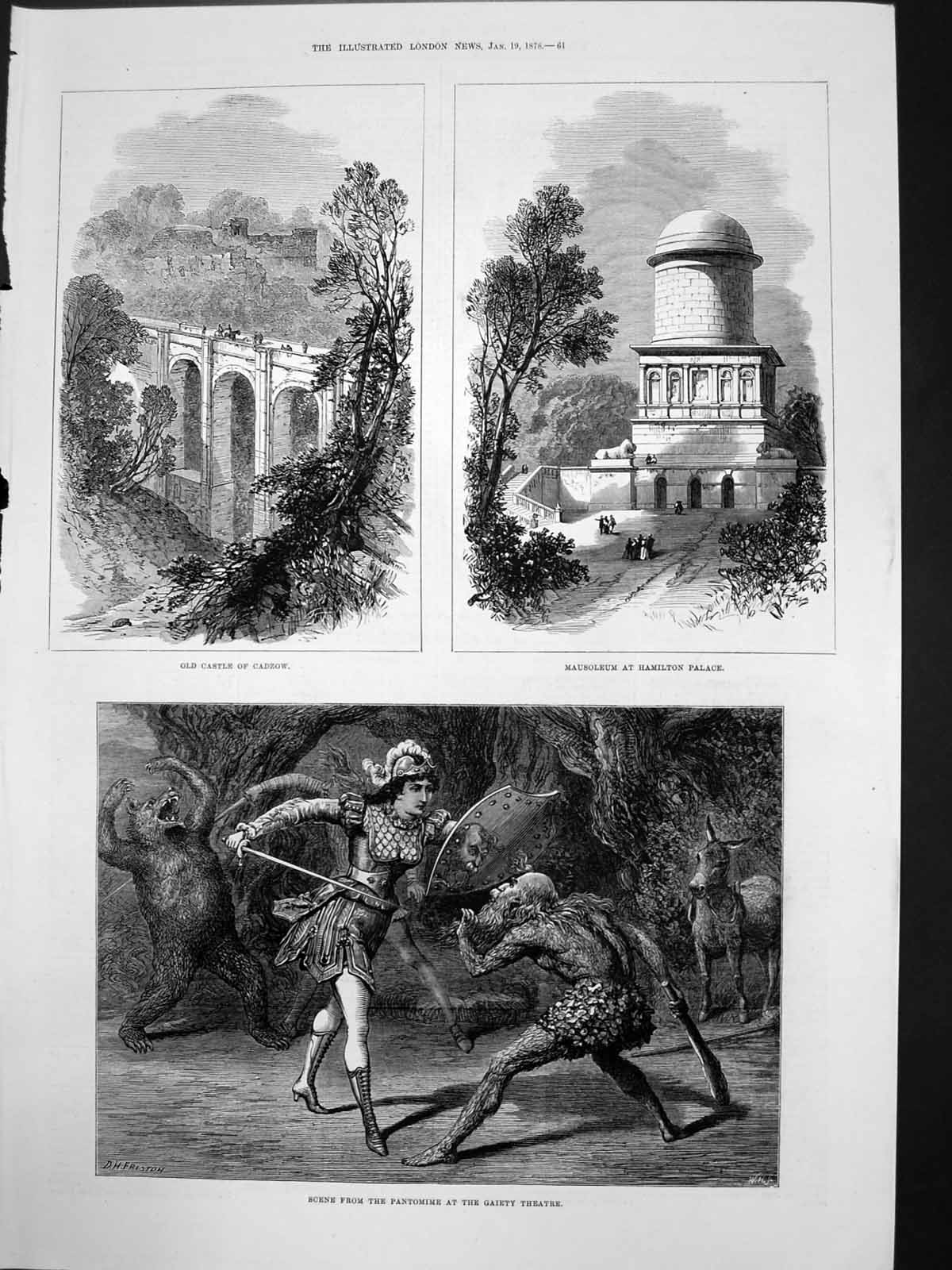 Antique Print Castle Cadzow Mausoleum Hamilton Palace Pantomine Gaiety1878 19th