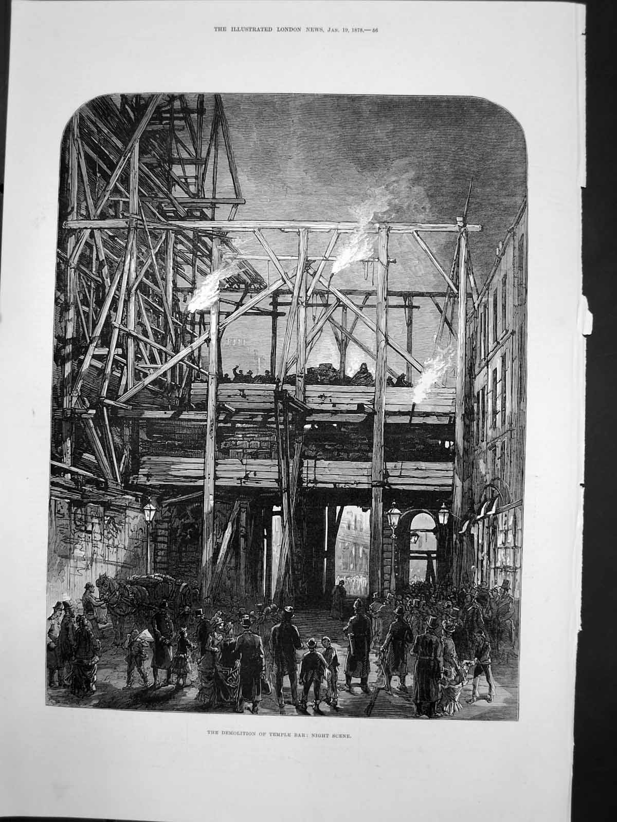 Original Old Antique Print Demolition Temple Bar Night Scene 1878 Victorian
