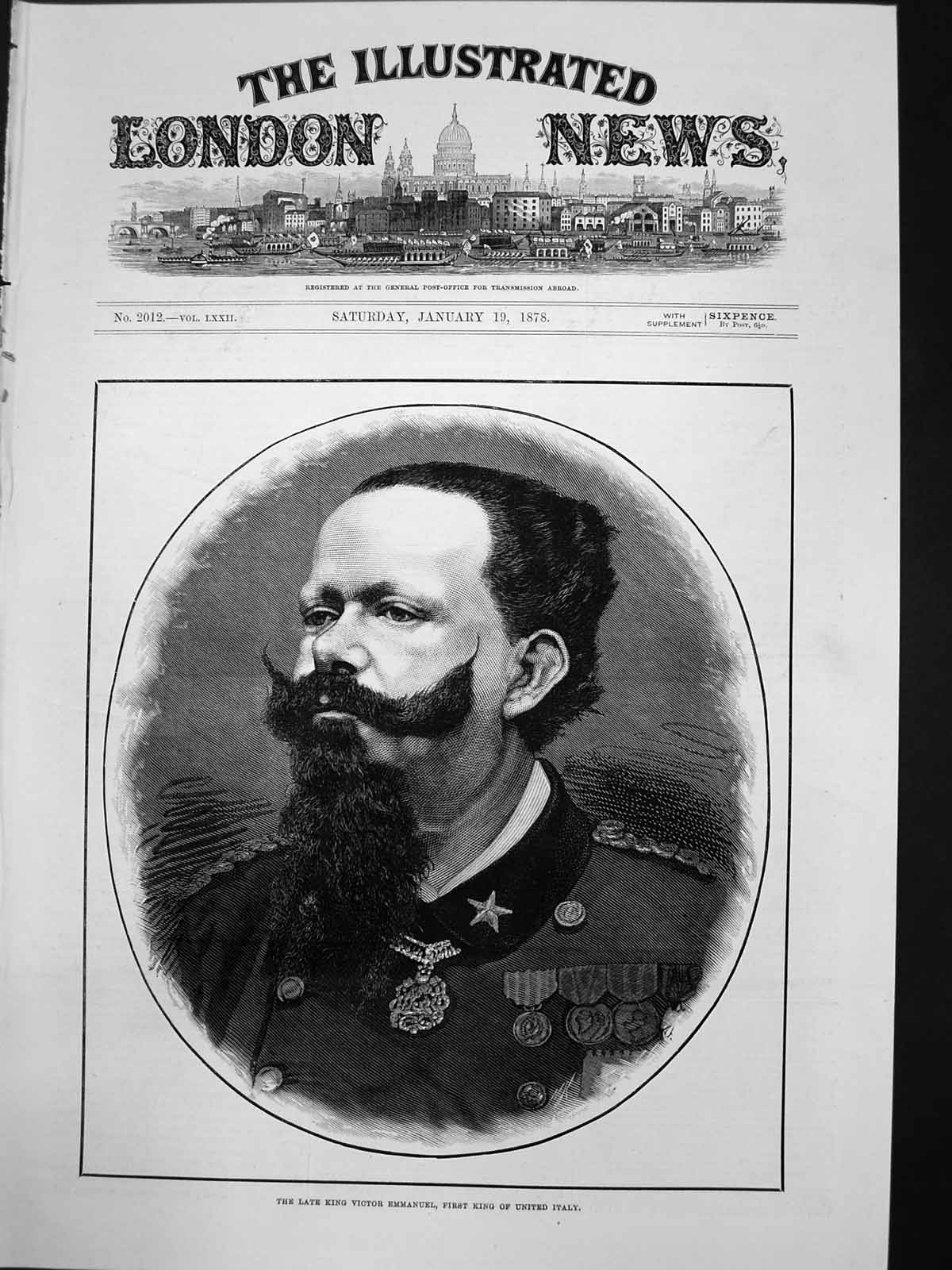 Old Print Portrait Late King Victor Emmanuel First King United Italy 1878 19th
