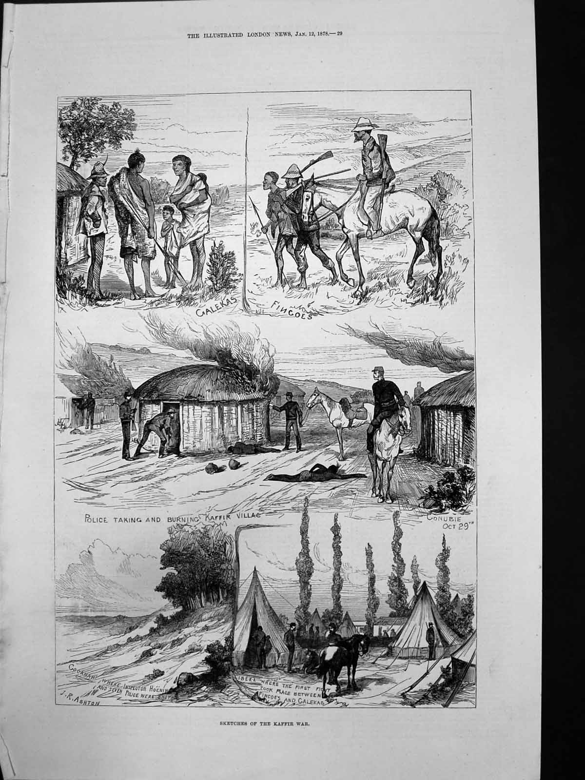 Old Print Kaffir War Ibeka Fight Fingoes Galekas Police Shot Gocanah 1878 19th