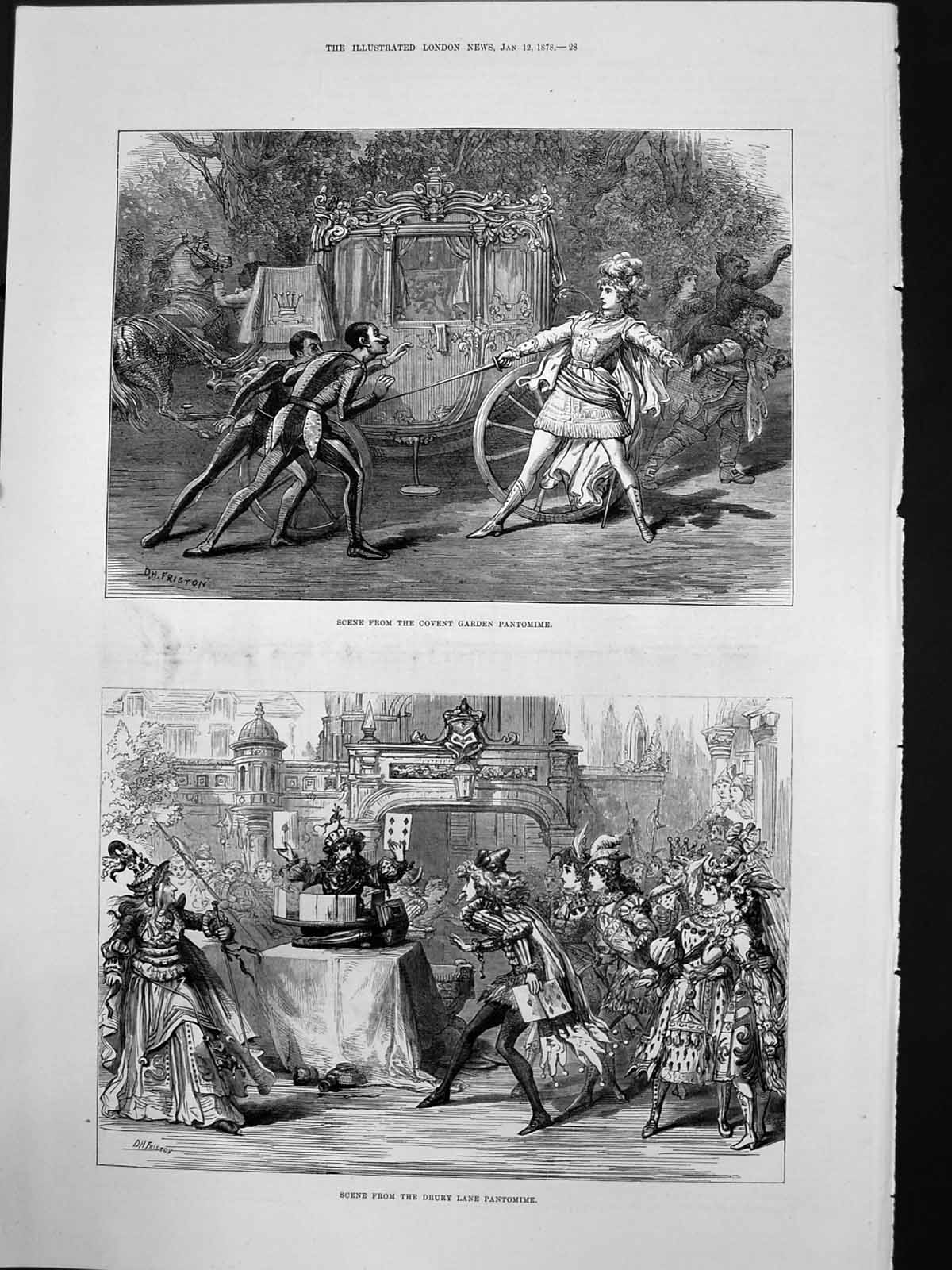 Old Antique Print Scene Covent Garden Pantomine Drury Lane Pantomine 1878 19th