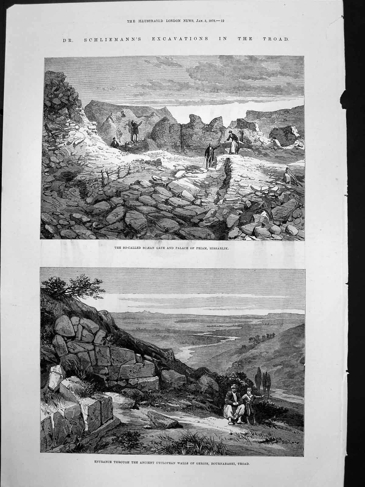 Old Print Dr Schliemanns Excavations Troad Palace Priam Walls Gergis 1878 19th