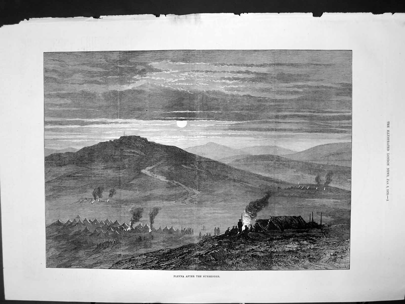 Original Old Antique Print Plevna After Surrender Fires Camp Tents 1878 19th
