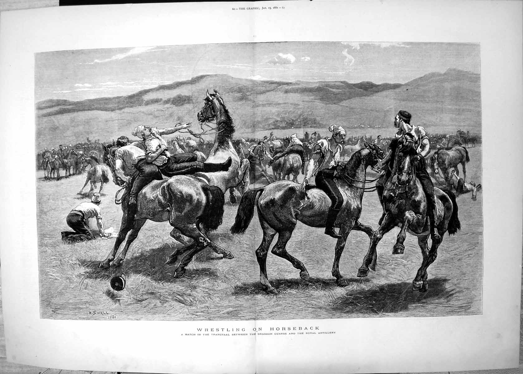 Antique Old Print Wrestling Horseback Match Transvaal Dragoons Artillery 1881