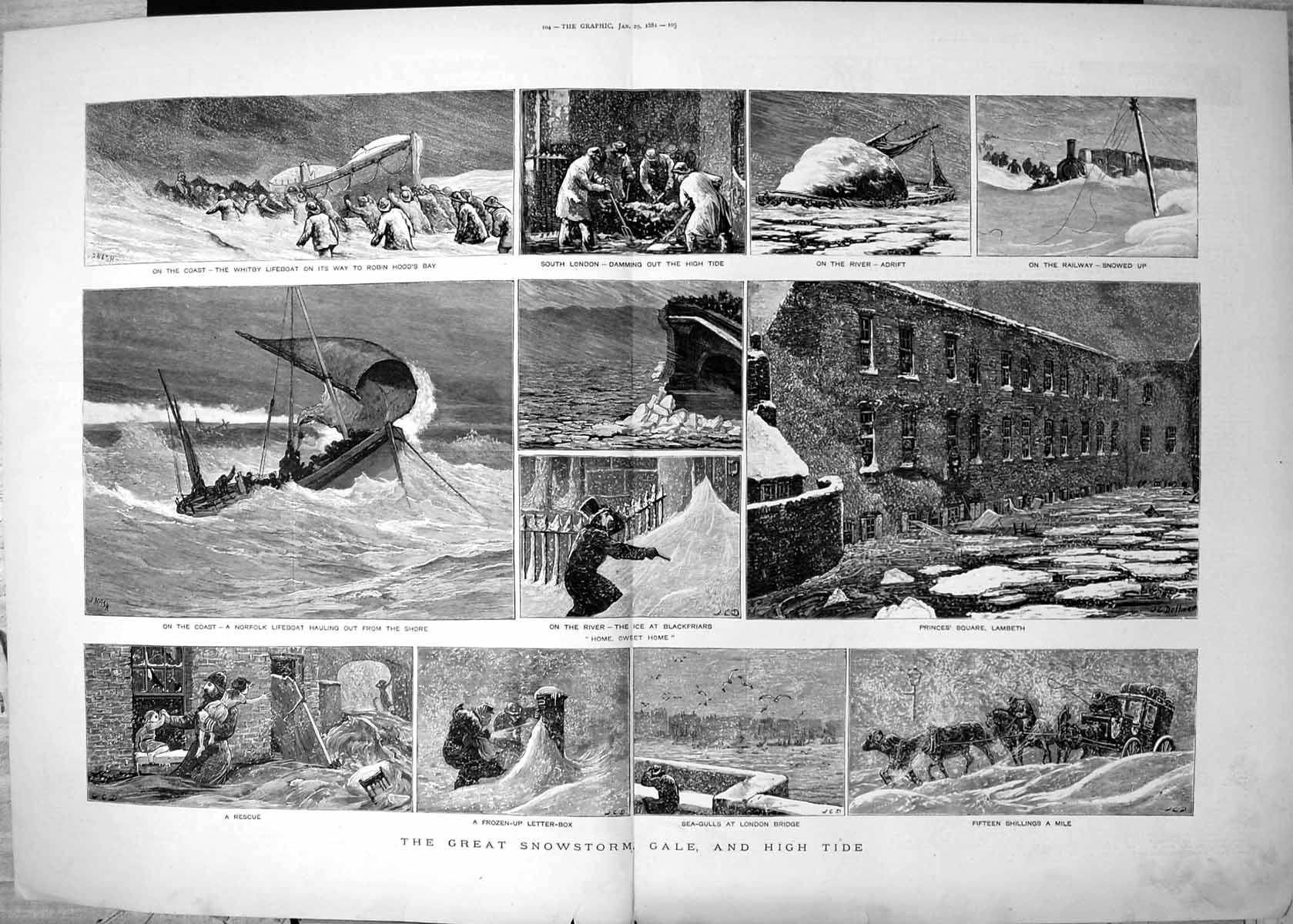 Old Great Snowstorm Gale High Tide Ice River Blackfriars Lifeboats 18 19th
