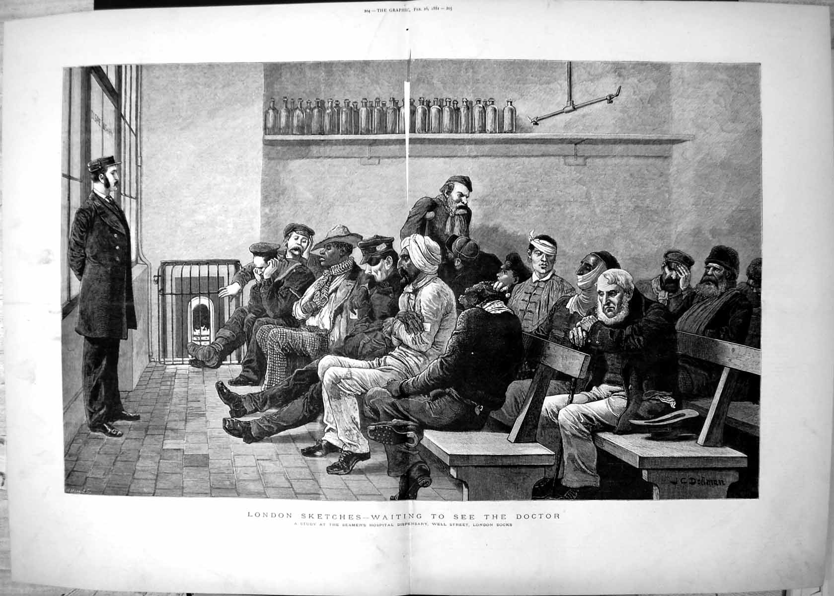 Old Print Wating See Doctor Seamens Hospital Dispensary London Docks 1881 19th