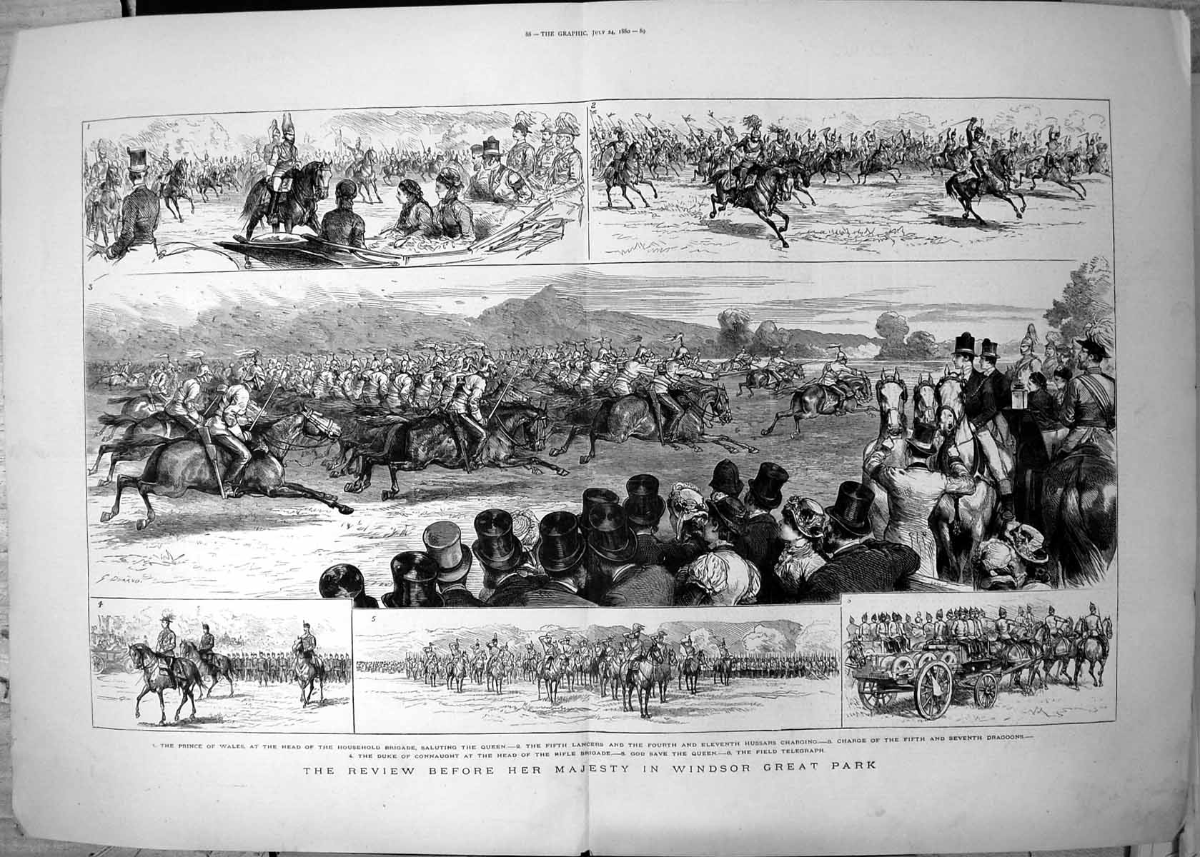 Antique Old Print Review Before Her Majesty Windsor Park Lancers Hussars 1880