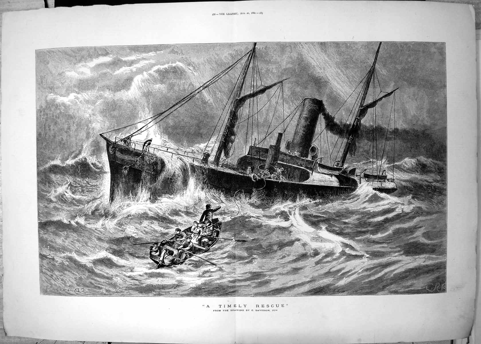 Old Timely Rescue C Davidson Escaping Sinking Ship Small Boat Storm