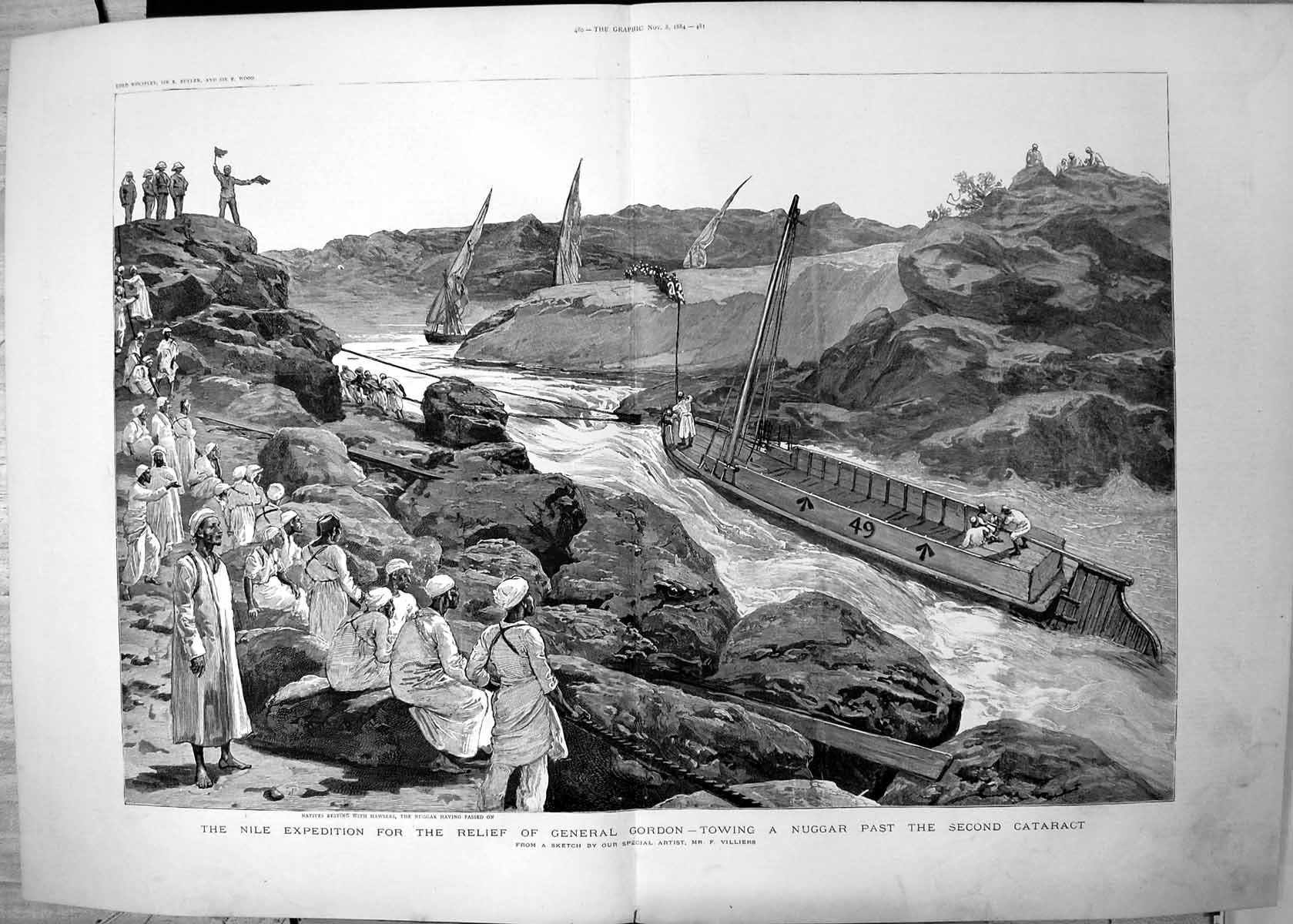 Antique Print Nile Expedition Relief Gen Gordon Towing Nuggar Cataract 1884
