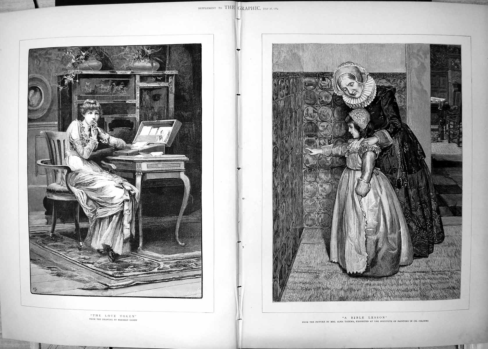 Antique Old Print Love Token Herbert Gandy Bible Lesson Mrs Alma Tadema 1884