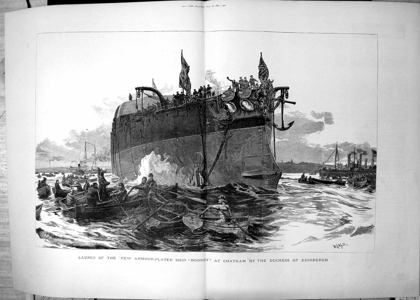 Old Print Launch Armour Plated Ship Rodney Chatham Duchess Edinburgh 1884 19th