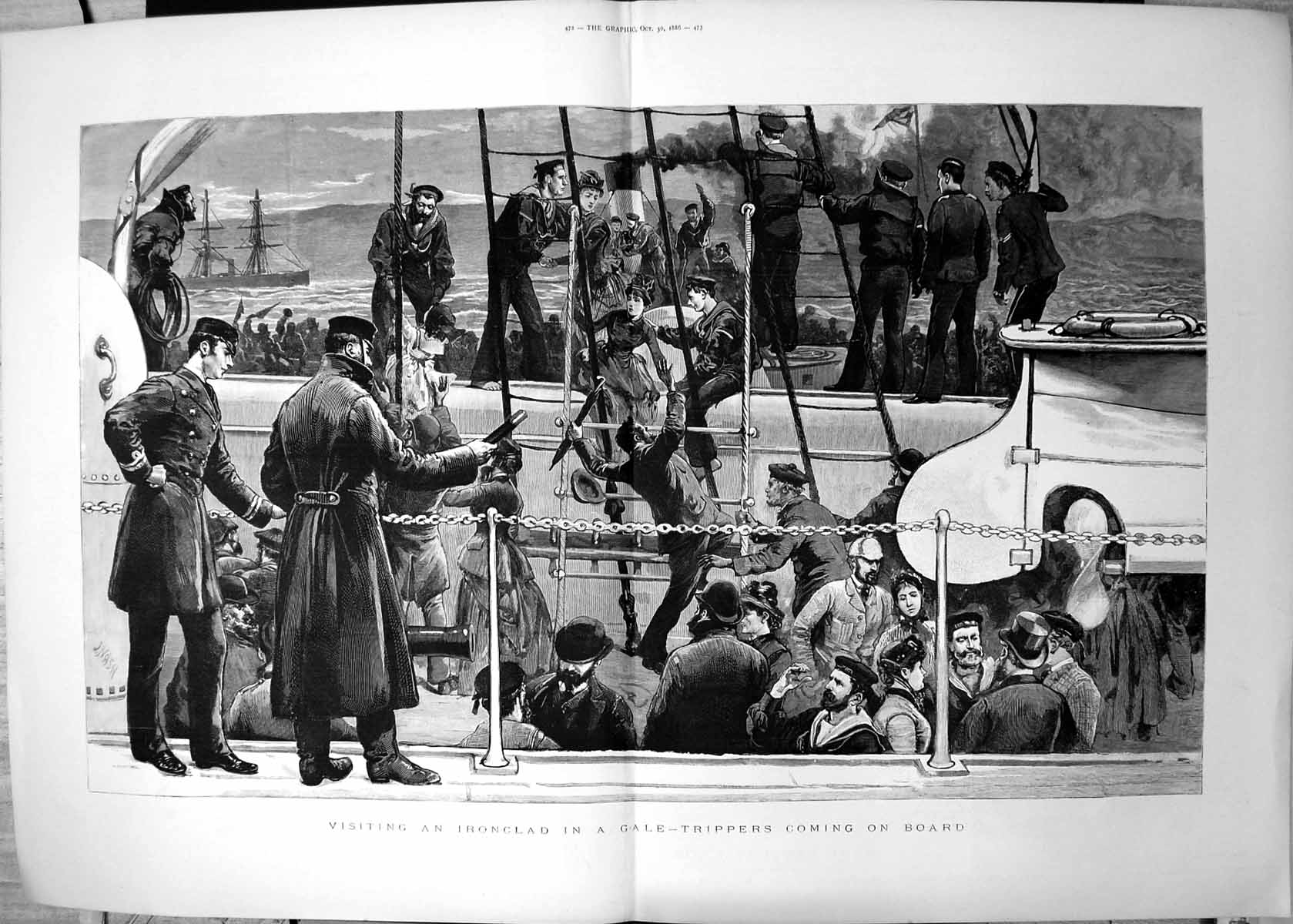 Old Antique Print Visiting Iron Clad Gale Trippers Coming On Board 1886 19th