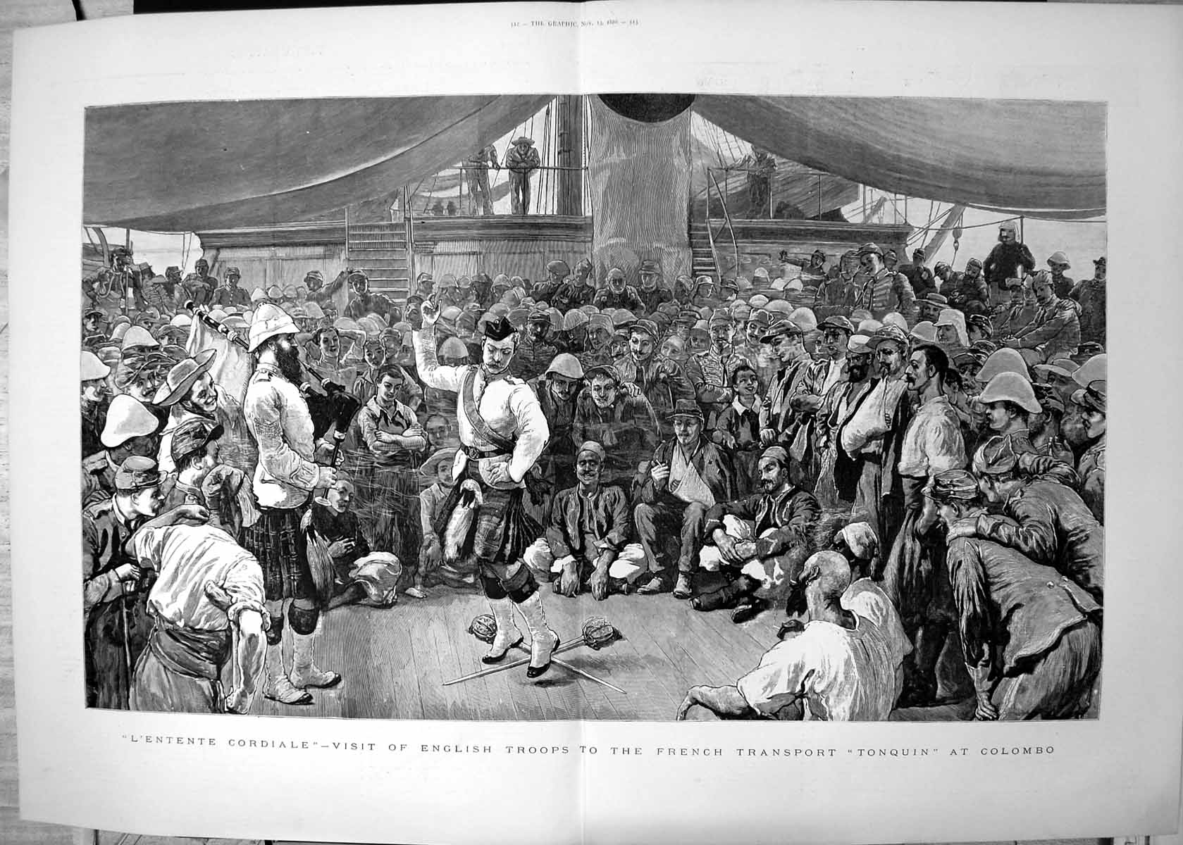 Antique Print L'Entente Cordiale Visit English Troops Tonquin Colombo 1886 19th