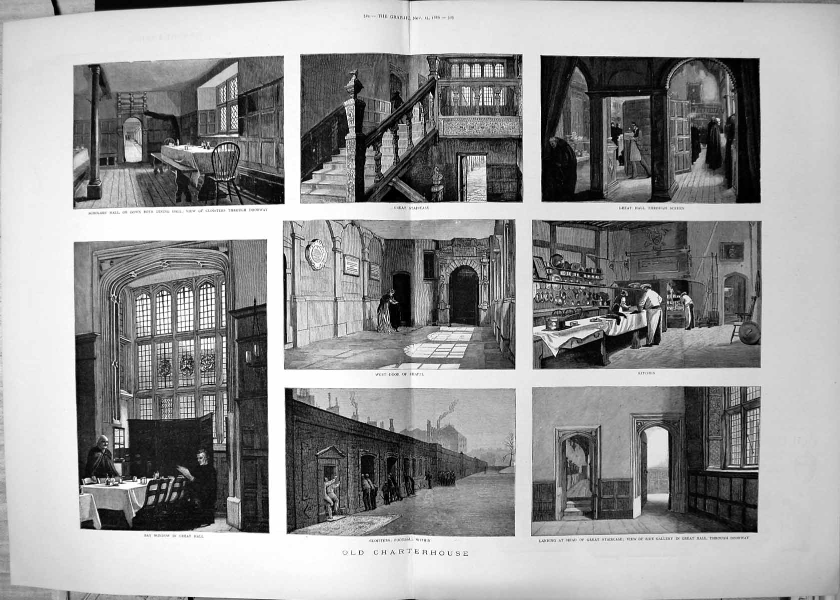 Antique Old Print Charterhouse Scholars Hall Chapel Staircase Kitchen 1886 19th