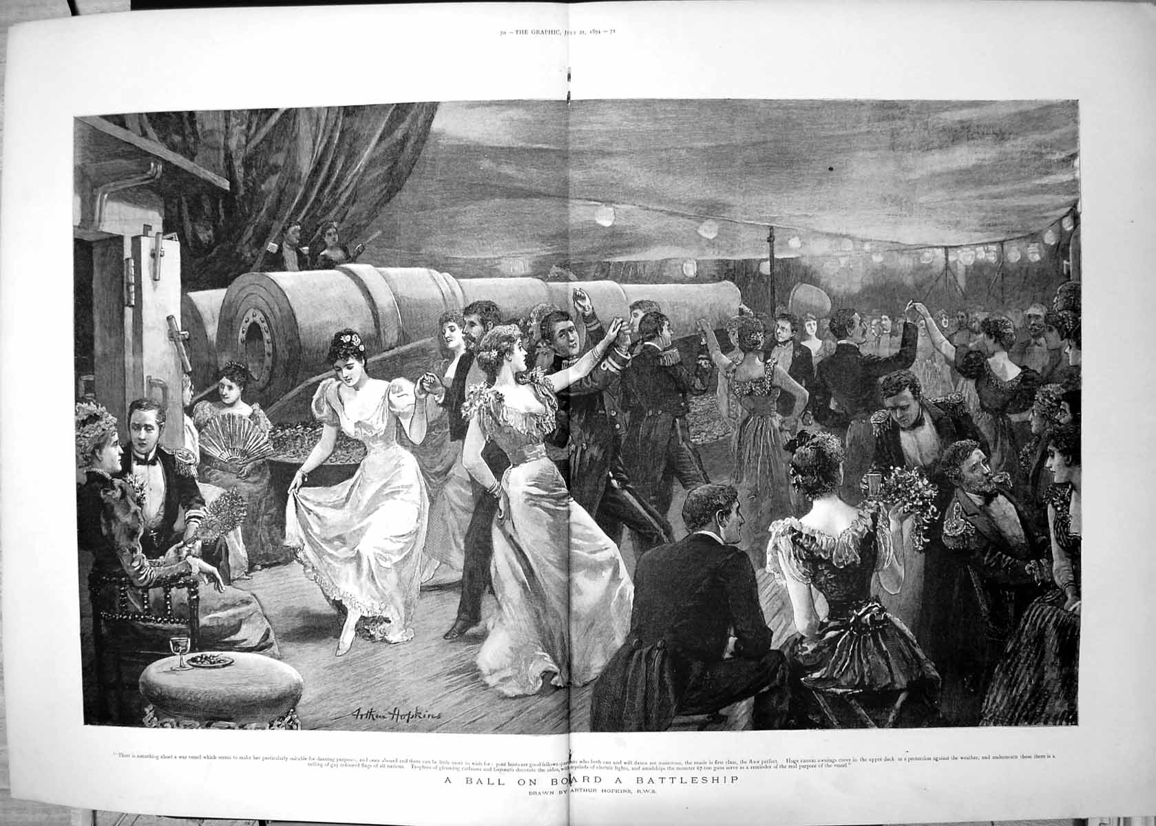 Antique Old Print Ball On Board Battleship Arthur Hopkins Dancing Music 1894