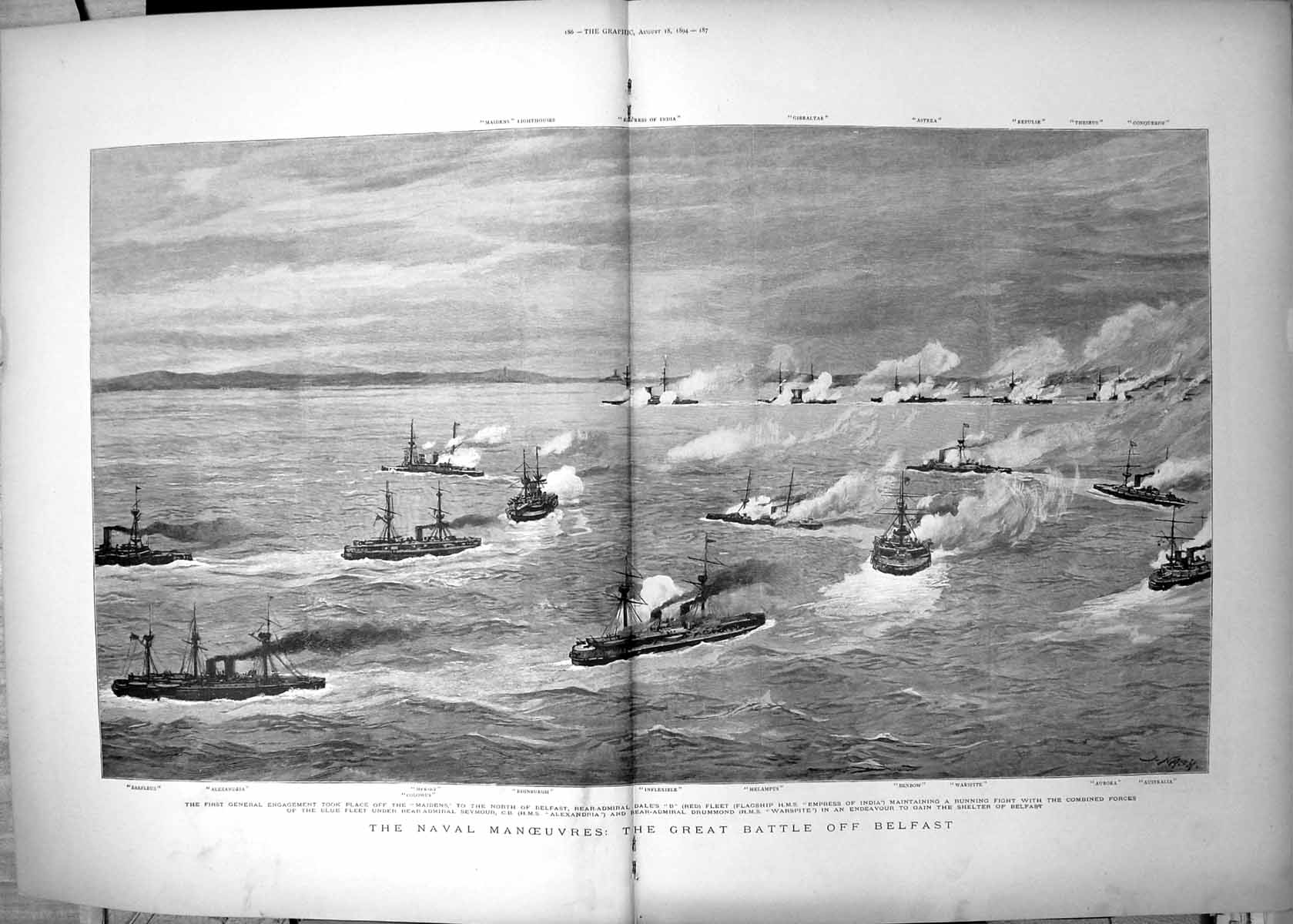 Antique Print Naval Manoeuvres Battle Off Belfast Barfleur Alexandria 1894 19th