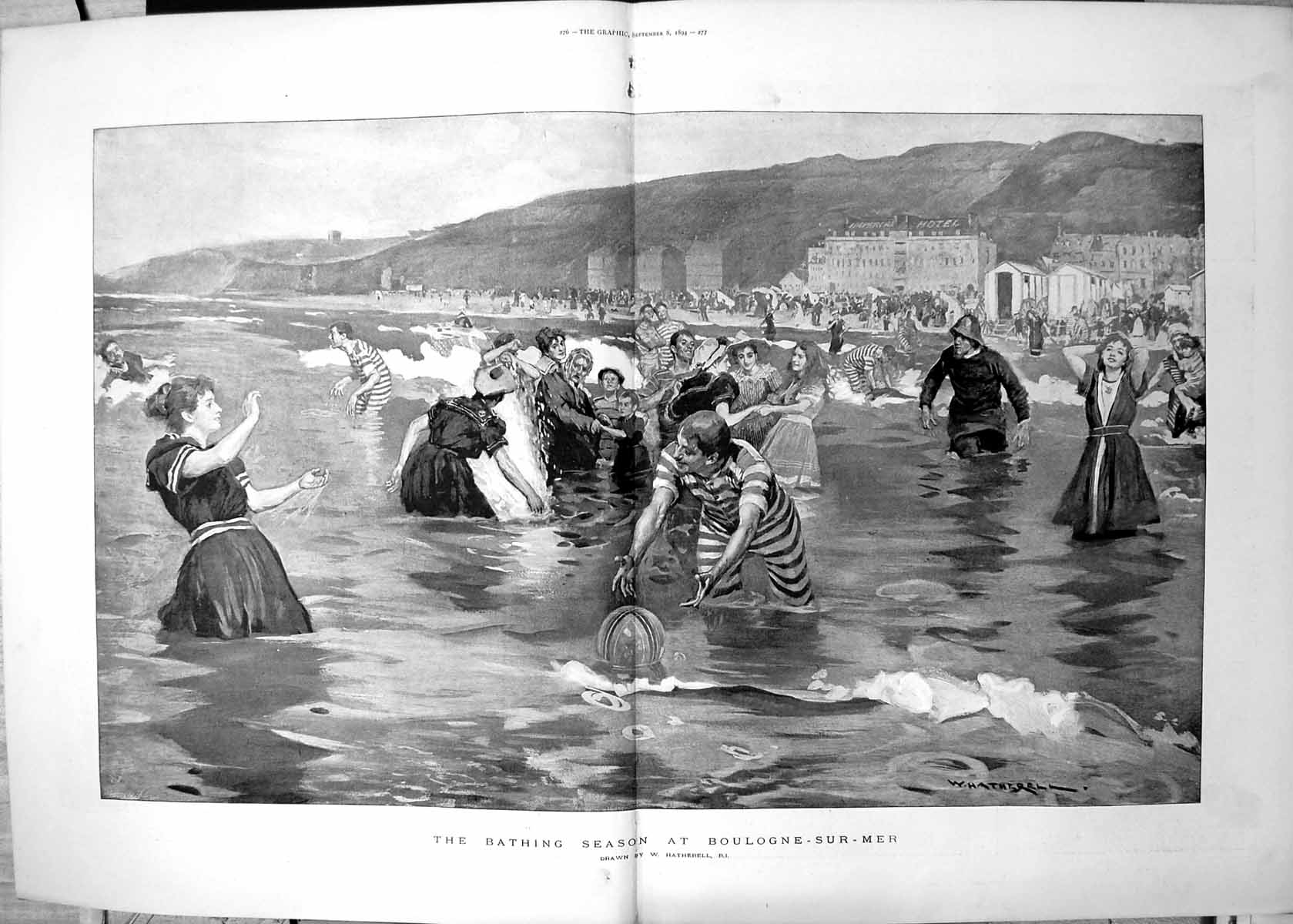 Original Old Antique Print Bathing Season Boulogne Sur Mer W Hatherell 1894