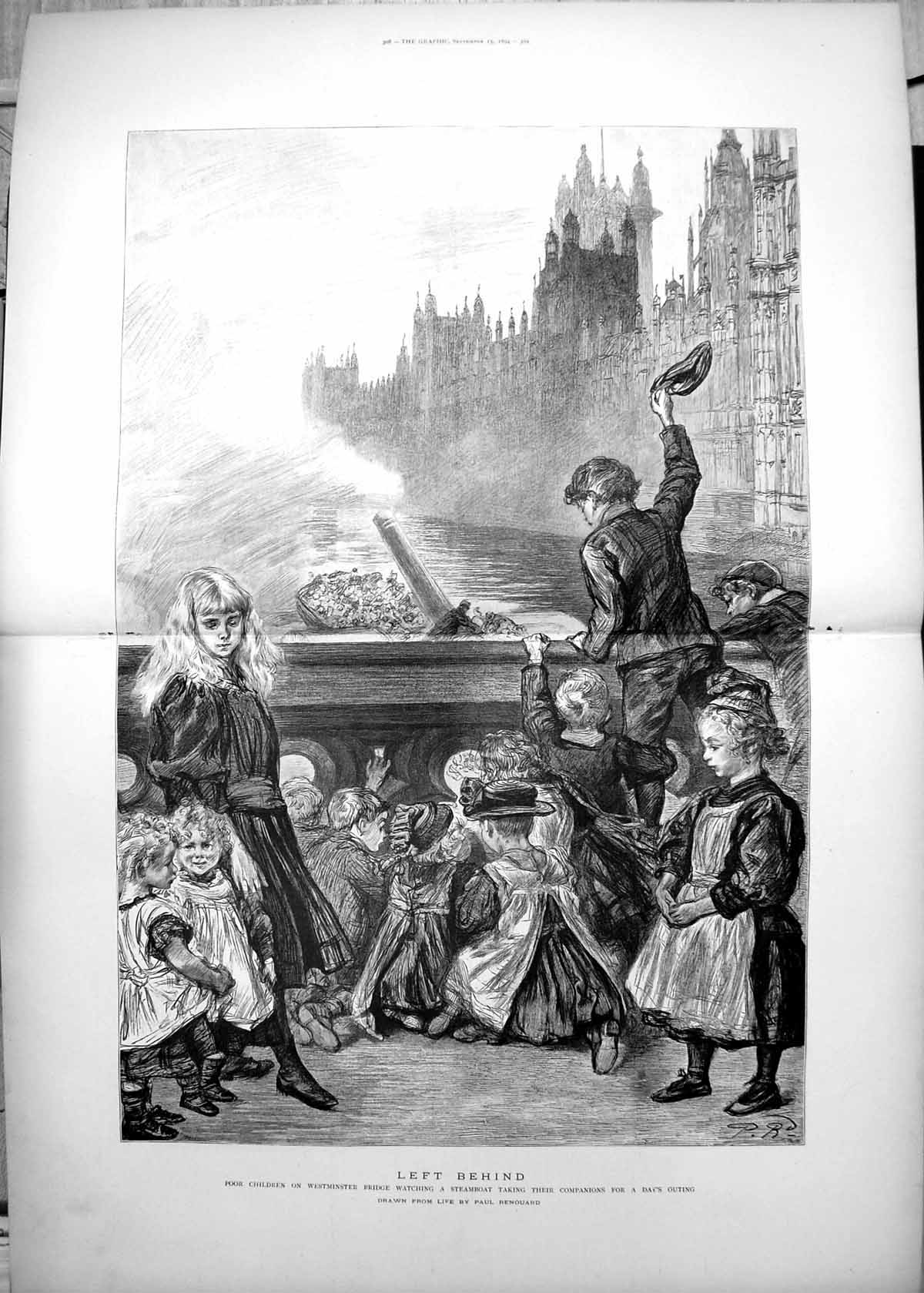 Antique Print Left Behind Paul Renouard Poor Children Watch Steamboat 1894 19th