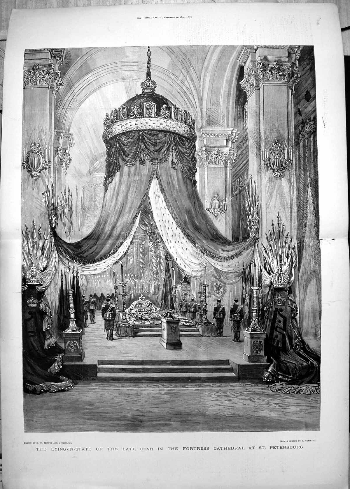 Old Print Lying In State Late Czar Fortress Cathedral St Petersburg 1894 19th