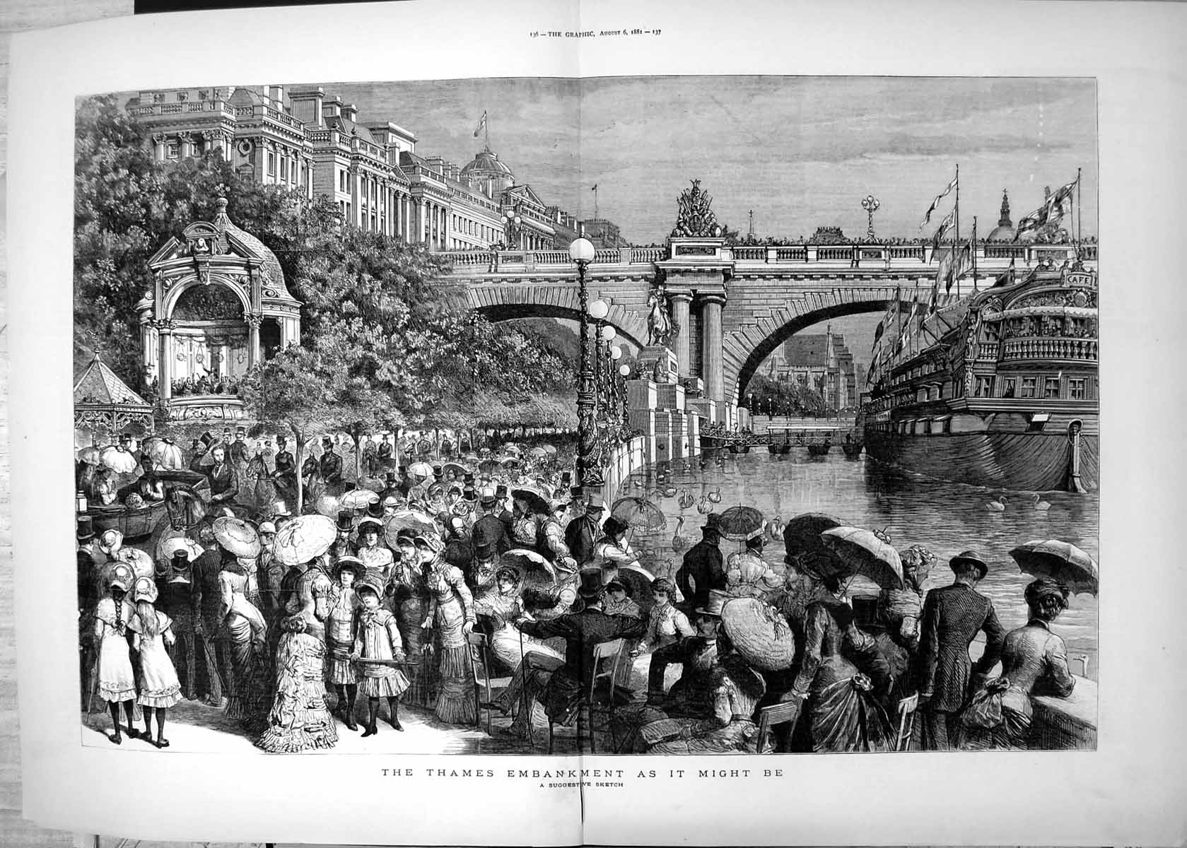 Old Antique Print Thames Embankment As It Might Be Suggestive Sketch 1881 19th